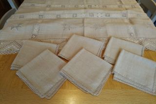 Vintage Tablecloth & 6 Napkins Hand - Made In Cyprus With Lace & Embroidery