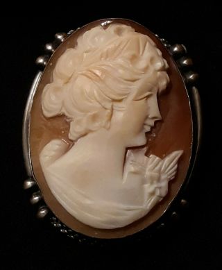 Large 800 Silver Carved Cameo Necklace Pendant Antique Shell Brooch Vintage Pin