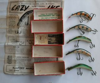 Vintage Kautzky Lazy Ike Fishing Lures With Boxes Frog And Perch Colors