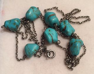Vintage Sterling Silver Turquoise Nugget Necklace Long 36 Inches Chain