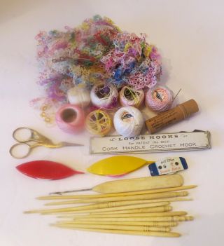 Vintage Sewing Tatting Shuttles - Crochet Needles And Thread - Bird Scissors