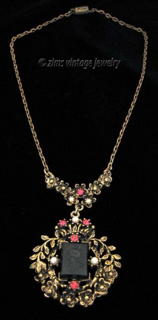 Vintage Victorian Revival Gold Floral Black Intaglio Pink Rs Seed Pearl Necklace