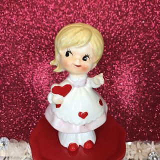 Vtg Lefton Valentine Blonde Girl In Pink Dress Holding Red Heart Figurine Japan