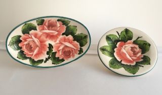 Vintage Griselda Hill Pottery Wemyss Ware Cabbage Pink Roses Set 2 Comport &dish