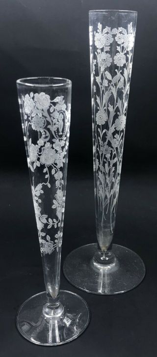 2 Vintage Delicate Vases Crystal Glass With Etched Flowers 6.  5” & 8 " Tall