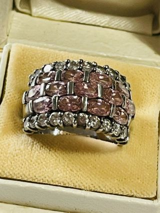 Vintage Sterling Silver Pink Tourmaline & Cubic Zirconia Dress Ring Size M