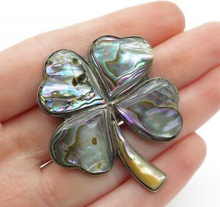 Sjb Taxco 925 Silver - Vintage Abalone Shell 4 Leaf Clover Brooch Pin - Bp4648
