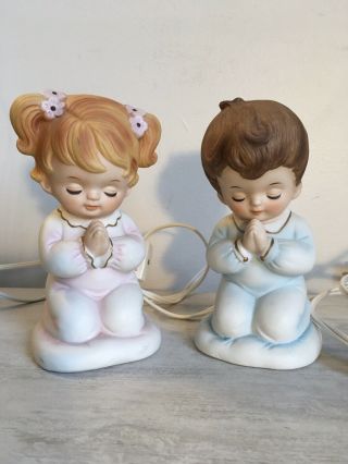 2 Vintage Lefton Hand Painted Girl And Boy Night Lights Lamps 6 1/4”