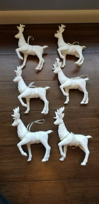 Vintage Set Of 6 Large White Plastic Reindeer Christmas Ornaments
