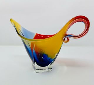 Vintage Murano Sommerso Hand Blown Glass Vase Jug Red Blue Yellow Pulled