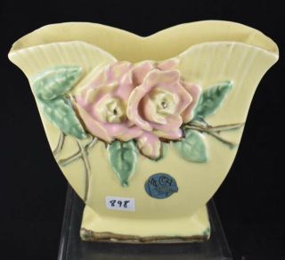 Vintage Mccoy Pottery Yellow Vase W/ Pink Flowers Blossomtime Euc