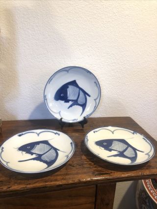 3 Vintage Chinese Hand Painted Blue White Porcelain Koi Fish Bowl Plate 9 1/4”