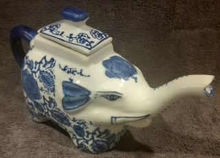Vintage Blue And White 8 " Floral Porcelain Elephant Teapot