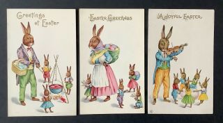 Vintage Easter Postcards (3) Stecher Series 86 Dressed Rabbits W/young Bunnies
