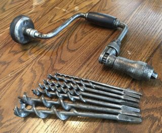 Old Vintage Antique Tools Bit Brace 7 Auger Bits Hand Drills Woodworking
