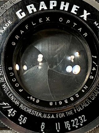 Vintage GRAPHEX Wollensak Graflex Optar f/4.  5 - 6 - 3/8” Focus Lens 3