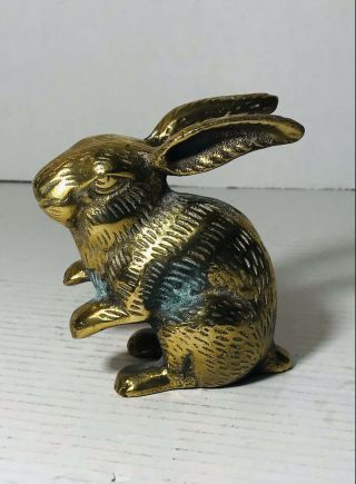 Vintage Solid Brass Bunny Rabbit Paperweight Figurine 4.  5 " High