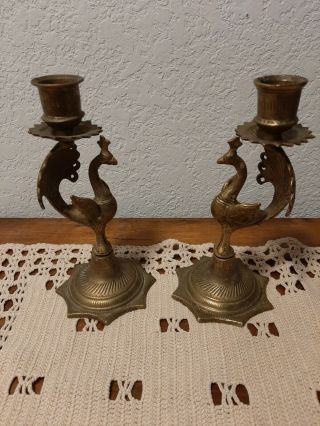 Beautifully Ornate Vintage Antique Solid Brass Peacock Candlesticks Holders