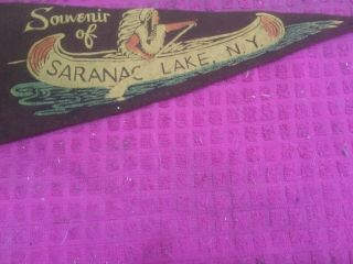 Rare Vintage Saranac Lake York Souvenir Felt Pennant Native Canoe Headdress
