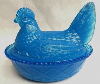 Glass Hen On Nest Covered Dish 5 " Chicken Blue Opaline Vintage Westmoreland
