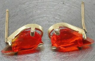 Vintage Solid 14k Yellow Gold Pear - Cut Fire Red Crystal Artisan Stud Earrings