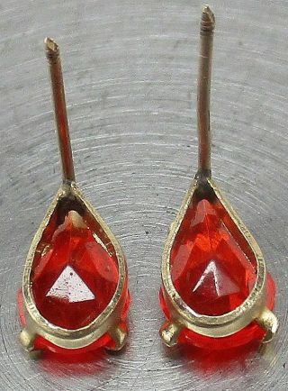 Vintage SOLID 14K YELLOW GOLD Pear - Cut Fire Red Crystal Artisan Stud Earrings 3