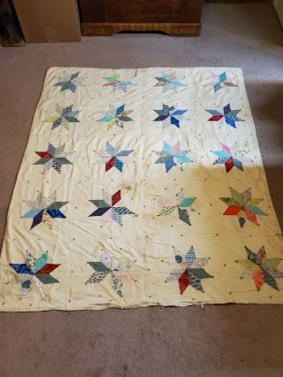 Vintage Handmade Star Pattern 77x67 Quilt For Repair,  Cutter,  Or Display