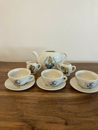 Vintage Alice In Wonderland Tea Party Set,  Doll Size,  Teapot And 1 Cup Cracked