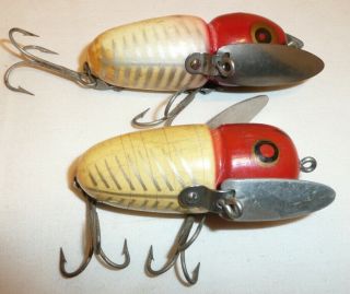 2 Wooden Heddon Crazy Crawlers Red & White Shore Minnow