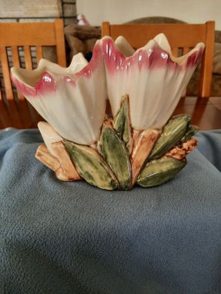 Vintage McCoy Pottery Double Tulip Cream & Pink Tipped Flower Vase Planter 2