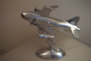 Vintage Polished Cast Metal Airplane Desk Model Art Deco 2 Prop On Stand