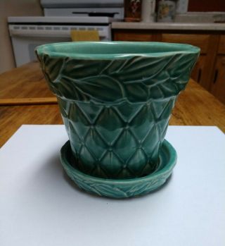 Vintage Mccoy Pottery Teal Aqua Diamond Quilted Pattern 4.  5 " Flower Pot Planter