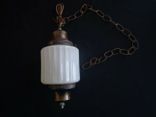 Vintage Hanging Light Fixture With Chain,  Deco Style White Milk Glass Shade