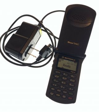 Vintage Startac Motorola Flip Cell Phone Black Powers On W Charger