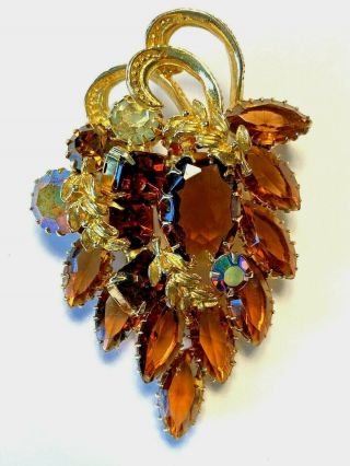 Vintage Stunning Amber Topaz Aurora Borealis Rhinestone Cluster Leaf Brooch Pin