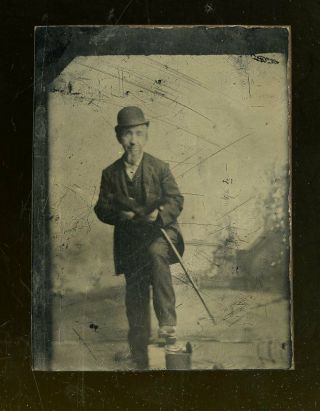 Vintage Tintype Photo Man In Bolo Hat Holds Long Gun Rifle Shoe Shine Box