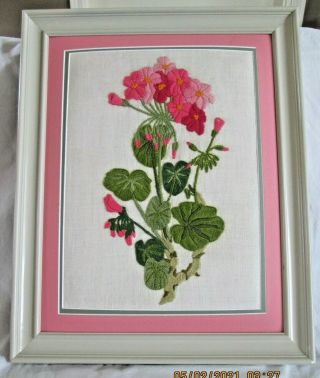 Vtg Hand Stitched Crewel Pink Violet Matted Floral White Wood Framed 21 X 17 " (4