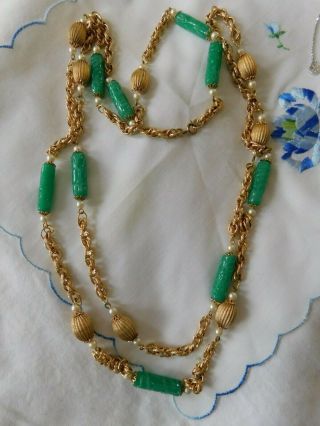 Vintage Napier Jade Green Glass Pearl Beaded Gold Chain Necklace