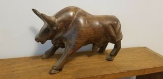 Vintage Hand Carved Wooden Bull Sculpture 5 " Tall And 7 " Long