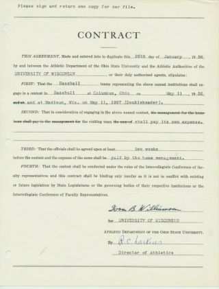 1956 Wisconsin V Ohio State Baseball Game Signed Contract