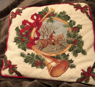 Vintage Needlepoint Pillow Cover English Hunt Scene With Holly,  Hunters Horn