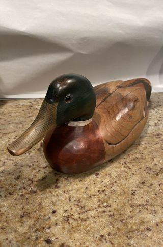 Tom Taber Signature Hand Carved Wooden Duck Decoy Glass Eyes 15” 80s