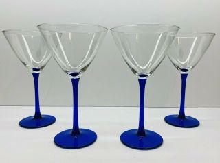 Vintage Set Of 4 Cobalt Blue Stem Martini Glasses 7.  5 " Tall