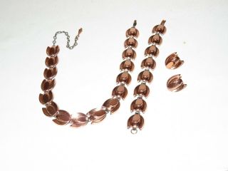 Vintage Renoir Copper Bracelet Necklace Earrings Jewelry Set (144e)
