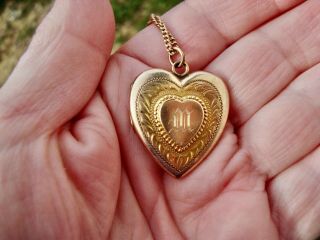 Vintage 1/20 10k Gold Filled Hand Engraved Heart Locket Pendant Monogrammed M