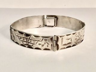 Vintage Mexico Sterling Silver Etched Design Panel Bracelet