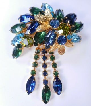 Vtg 3 " Blue & Green Glass Rhinestone Brooch W/ Dangles Juliana Style