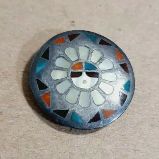 Vintage Sterling Silver Old Native American Zuni Stone Inlay Sunface Pin Pendant