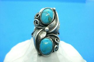 Vintage Old Pawn Sterling Silver Double Turquoise Ring - - Signed - - Size 6.  5
