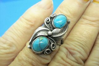 VINTAGE OLD PAWN STERLING SILVER DOUBLE TURQUOISE RING - - SIGNED - - SIZE 6.  5 2